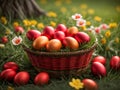 colorful easter eggs in woven basket springtime nature landscape with wild flowers and green grass Royalty Free Stock Photo