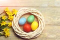 Colorful easter eggs in wreath with yellow narcissus on wood Royalty Free Stock Photo