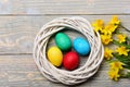 Colorful easter eggs in wreath with yellow narcissus on wood Royalty Free Stock Photo