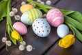 Colorful Easter eggs with yellow Tulip hand painted on a dark wooden background. Holiday spring card Royalty Free Stock Photo