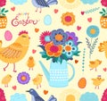 Colorful easter funny vector seamless pattern with spring flowers, chickens, eggs and birds.