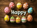 A colorful Easter greeting in calligraphy, adorned with decorated eggs, displayed on a rustic wooden surface Royalty Free Stock Photo