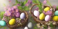 AI generated image of Colorful Easter illustration of braided baskets with colorful flowers and Easter eggs in the springtime Royalty Free Stock Photo