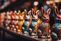 Colorful Easter Market. Ceramic Hares with Vibrant ornaments painted on them and Flickering Lights