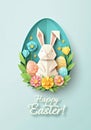 Colorful Easter Origami Bunny and Eggs with Floral Spring Elements. Easter card Royalty Free Stock Photo