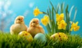 Colorful easter photo of small yellow chickens on green grass with painted eggs. Yellow hyacints in background, bright blue sky