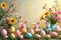 Colorful easter scene with decorated eggs and cute bunny figures among flowers Royalty Free Stock Photo