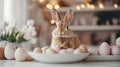 A colorful Easter scene featuring a rabbit nestled in a bowl surrounded by decorated eggs on a festive table Royalty Free Stock Photo