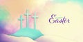 Happy Easter background with 3 crosses and pretty spring sunrise in pastel watercolors Royalty Free Stock Photo