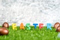 Colorful easter word and rabbit stamp on eggs on green grass fie