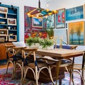 A colorful and eclectic dining room with mismatched chairs, a gallery wall of artwork, and a vibrant patterned rug1, Generative