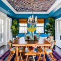 4 A colorful, eclectic dining room with a mix of chair styles, a patterned rug, and a unique chandelier4, Generative AI