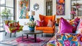 Colorful eclectic interior design with vibrant furniture and artwork