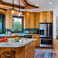 12 A colorful, eclectic kitchen with a mix of painted and natural wood cabinets, a patterned backsplash, and colorful accents3,