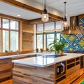 12 A colorful, eclectic kitchen with a mix of painted and natural wood cabinets, a patterned backsplash, and colorful accents4,