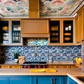 12 A colorful, eclectic kitchen with a mix of painted and natural wood cabinets, a patterned backsplash, and colorful accents5,