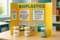 Colorful educational display board explains bioplastics, featuring corn starch, sugarcane, and algae-based examples in a classroom Royalty Free Stock Photo