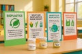 Colorful educational display board explains bioplastics, featuring corn starch, sugarcane, and algae-based examples in a classroom Royalty Free Stock Photo