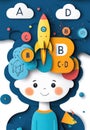 Colorful educational illustration with letters and abstract shapes