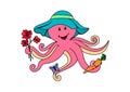 Cute Octopus Cartoon Character with flowers, butterfly and carrot