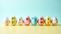Colorful egg-shaped letters are arranged to spell Easter against a pastel background. The eggs are patterned and bright Royalty Free Stock Photo