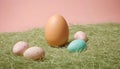 colorful eggs and a brown egg in the middle on grass and pink background