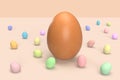 Colorful eggs for happy Easter on a red pastel background