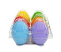 Colorful eggs in the  plastic package box isolated on white background with clipping path Royalty Free Stock Photo