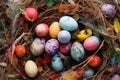 colorful eggs in a well-camouflaged nest