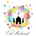 Colorful Eid card with Mosque dome and minaret silhouette