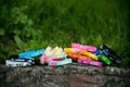 Colorful elastic rubber bracelets, wristbands with the labels of famous brands. Krasnoyarsk, Russia - May 14, 2015