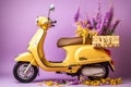 Colorful Electric Delivery Scooter Covered in Fresh Flowers, Side View, on Solid Color Studio Background for Eco