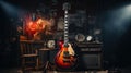 Colorful Electric Guitar on Blurry Retro Style Dark Background