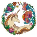 Colorful elegance unicorn with flowers vector illustration