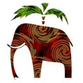 Colorful elephant with pattern and palm on white