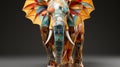 A colorful elephant statue with tusks