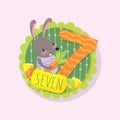 Colorful emblem with little bunny and number 7 seven . Learn to count. Good for beginners in math. Flat vector design