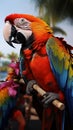 Colorful embrace Man\'s arm adorned with two vibrant macaw parrots creates an enchanting scene Royalty Free Stock Photo