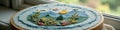 Colorful embroidered landscape on hoop art with mountains and sun Royalty Free Stock Photo