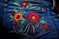 Colorful embroidery on the back pocket of blue jeans, Embroidery floral abstract fantasy design luxury denim blue jeans, AI