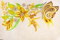 Colorful embroidery design in the form of butterflies and flowers.