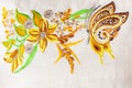 Colorful embroidery design in the form of flowers and butterflies.