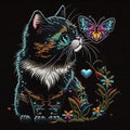 Colorful embroidery textured cat with love heart and butterfly. Bright tapestry kitten with blue eyes. Embroidered vector