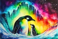 Colorful Emperor Penguin and baby chick South Pole watercolor Royalty Free Stock Photo