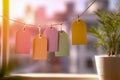 Colorful empty gift tags hanging on a string with natural sunlight and potted plant in a cozy indoor setting for creative labeling Royalty Free Stock Photo