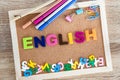 Colorful ENGLISH word alphabet on a pin board background ,English language learning concept