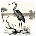 Colorful Engraving: Heron By The Water In Australian Landscape