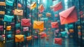 Colorful Envelopes, Colorful envelopes float in a digital environment, symbolizing modern communication and messaging in a