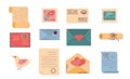 Colorful envelopes with letters, postmarks and mails isolated vector flat illustration.