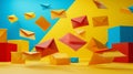 Colorful envelopes in various shapes float on gradient background, showcasing minimalist design